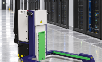 LiftRite LRM2 server cabinet tug in a data centre, three-quarter load-side view