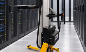 Angled view of the 250 kg server lifter in a data centre aisle