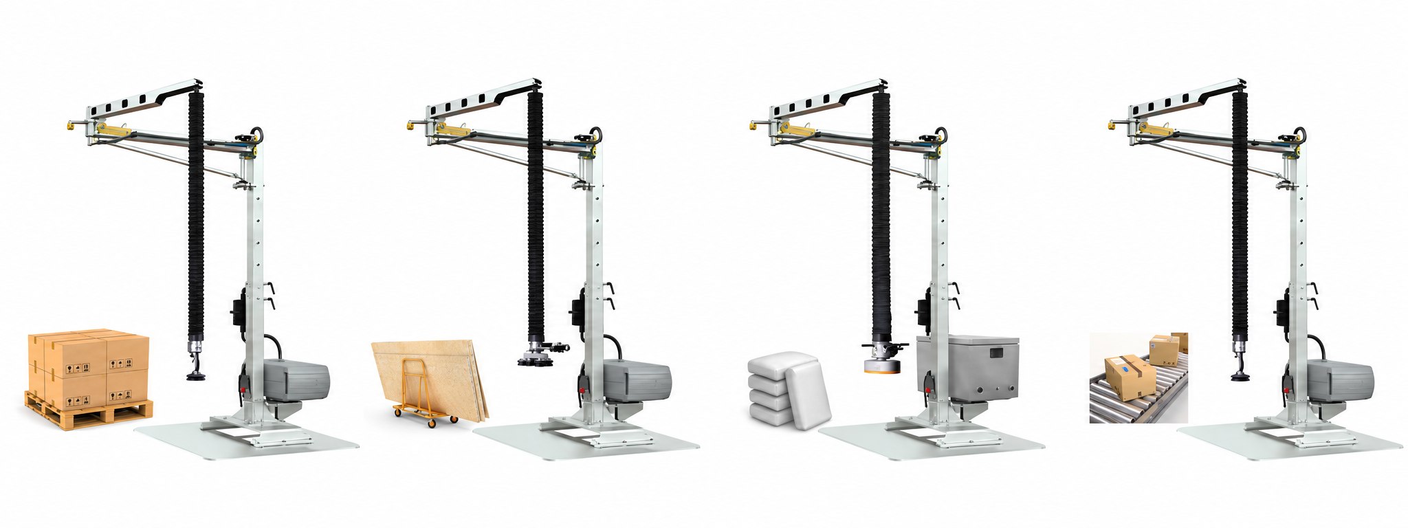 Easycrane vacuum lifting configurations for cartons, panels, sacks and conveyor handling